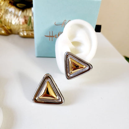 Two tone triangle Earrings, chunky two tone studs, Water Resistant Earrings, 18k Gold Plated, Vintage Earrings, Everyday two tone earrings, Two tone Water resistant gold hoops, Two tone hoops, small two tone delicate hoops, tarnish free gold open hoops, Lightweight Chunky Open Hoops, 14k lightweight chunky hoops,