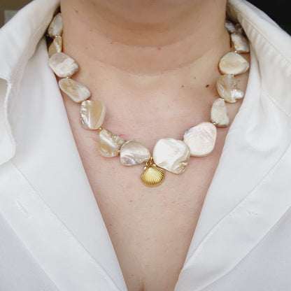 Ivory nacar Baroque necklace, Ivory pearl Chunky Necklace, 18k Gold Plated Cuban Chain, ivory summer necklace, ivory pearl choker, ivory baroque necklace, ivory mother pearl necklace, summer necklace, summer jewelry trends, gift for women, bold ivory necklace, gift for bestfriend, gift for wife, aesthetic pearl necklace, Stainless Steel Pearl Beaded necklace, ellie vail jewelry, waterproof necklace for women, shell Necklace