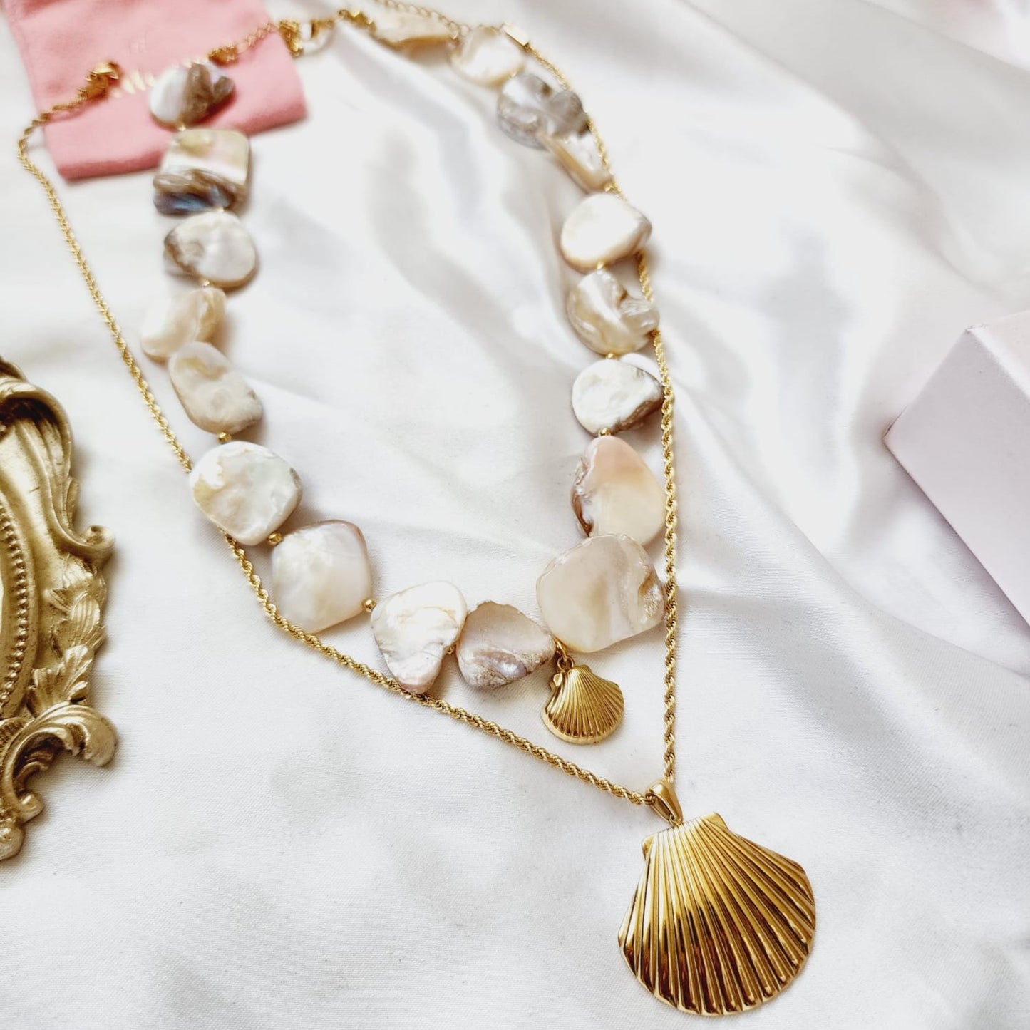 Ivory nacar Baroque necklace, Ivory pearl Chunky Necklace, 18k Gold Plated Cuban Chain, ivory summer necklace, ivory pearl choker, ivory baroque necklace, ivory mother pearl necklace, summer necklace, summer jewelry trends, gift for women, bold ivory necklace, gift for bestfriend, gift for wife, aesthetic pearl necklace, Stainless Steel Pearl Beaded necklace, ellie vail jewelry, waterproof necklace for women, shell Necklace