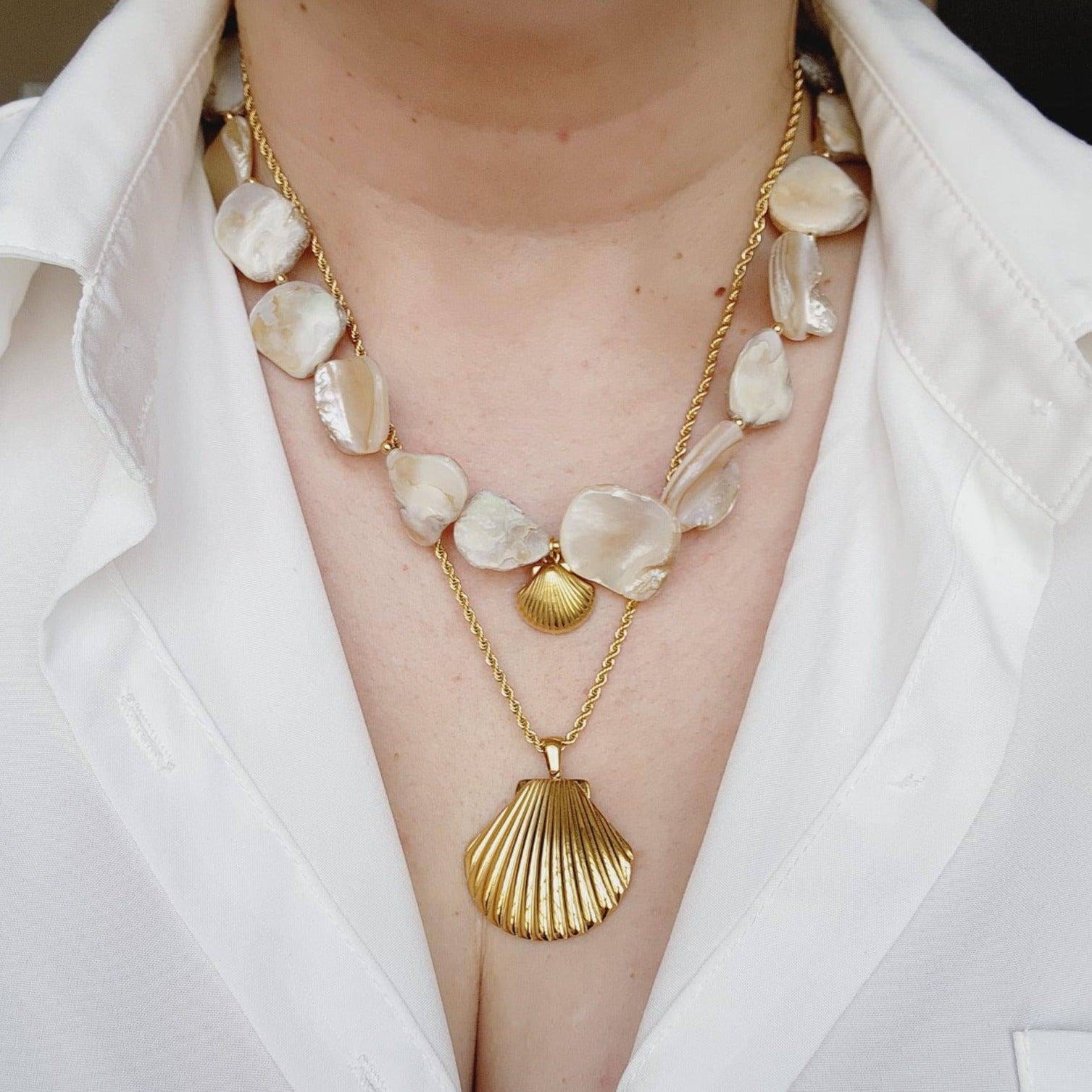 Ivory nacar Baroque necklace, Ivory pearl Chunky Necklace, 18k Gold Plated Cuban Chain, ivory summer necklace, ivory pearl choker, ivory baroque necklace, ivory mother pearl necklace, summer necklace, summer jewelry trends, gift for women, bold ivory necklace, gift for bestfriend, gift for wife, aesthetic pearl necklace, Stainless Steel Pearl Beaded necklace, ellie vail jewelry, waterproof necklace for women, shell Necklace