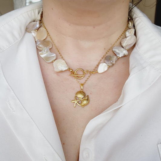 Ivory nacar Baroque necklace, Ivory pearl Chunky Necklace, 18k Gold Plated Cuban Chain, ivory summer necklace, ivory pearl choker, ivory baroque necklace, ivory mother pearl necklace, summer necklace, summer jewelry trends, gift for women, bold ivory necklace, gift for bestfriend, gift for wife, aesthetic pearl necklace, Stainless Steel Pearl Beaded necklace, ellie vail jewelry, waterproof necklace for women, shell Necklace