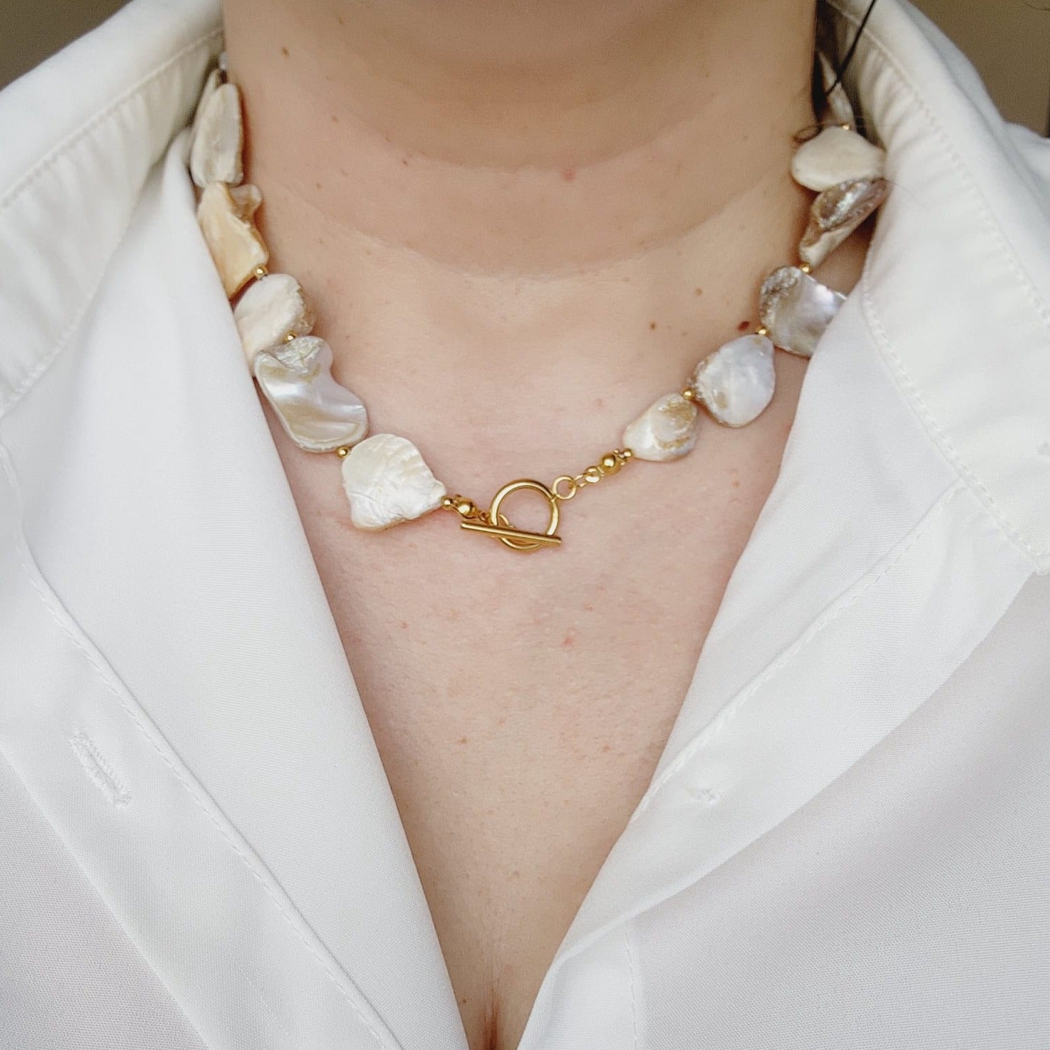 Ivory nacar Baroque necklace, Ivory pearl Chunky Necklace, 18k Gold Plated Cuban Chain, ivory summer necklace, ivory pearl choker, ivory baroque necklace, ivory mother pearl necklace, summer necklace, summer jewelry trends, gift for women, bold ivory necklace, gift for bestfriend, gift for wife, aesthetic pearl necklace, Stainless Steel Pearl Beaded necklace, ellie vail jewelry, waterproof necklace for women, shell Necklace