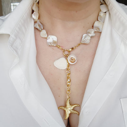 Star Ivory nacar Baroque necklace, Ivory pearl Chunky Necklace, 18k Gold Plated Cuban Chain, ivory summer necklace, ivory pearl choker, ivory baroque necklace, ivory mother pearl necklace, summer necklace, summer jewelry trends, gift for women, bold ivory necklace, gift for bestfriend, gift for wife, aesthetic pearl necklace, Stainless Steel Pearl Beaded necklace, ellie vail jewelry, waterproof necklace for women, shell Necklace