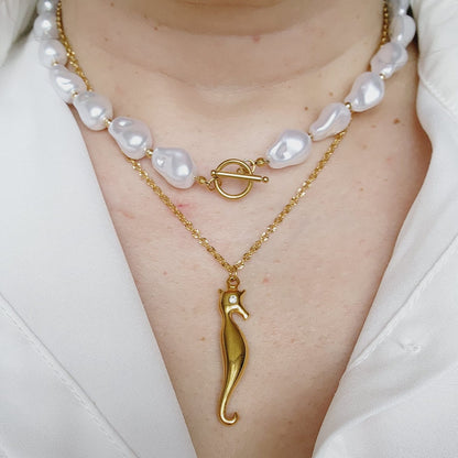 White Baroque necklace,White pearl Chunky Necklace, 18k Gold Plated Cuban Chain, white summer necklace, white pearl choker, white baroque necklace, white mother pearl necklace, summer necklace, summer jewelry trends, gift for women, bold ivory necklace, gift for bestfriend, gift for wife, aesthetic pearl necklace, Stainless Steel Pearl Beaded necklace, ellie vail jewelry, waterproof necklace for women, shell Necklace