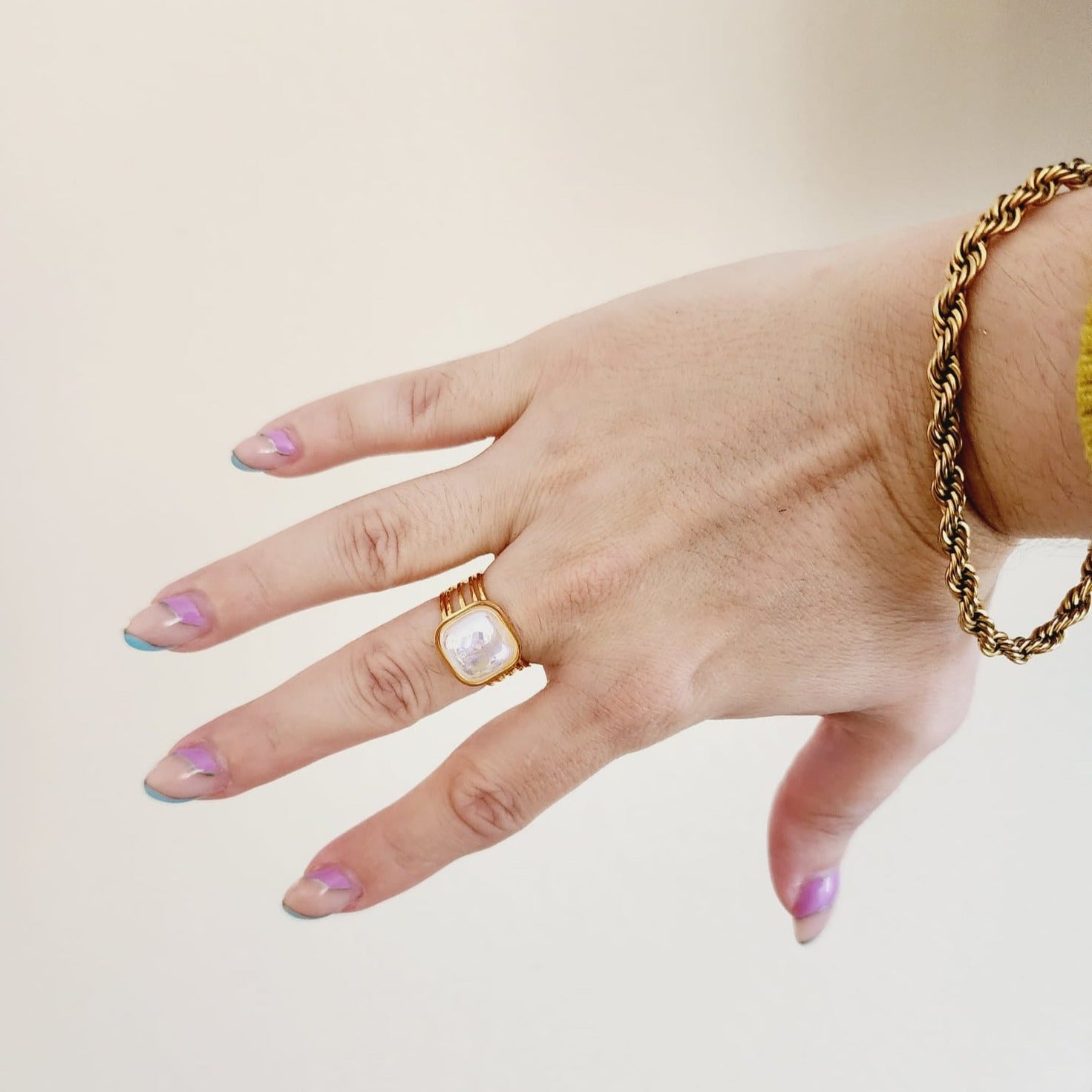 Holographic Square ring, Luxury Square cut amethyst stainless steel wide rings, Mother Pearl ring, Adjustable mother shell ring, Shell gold ring, Adjustable waterproof ring, Water Resistant Jewelry, Fashion Love Stainless Steel Geometric Love Pearl Open Ring, Luxury Square cut amethyst stainless steel wide rings