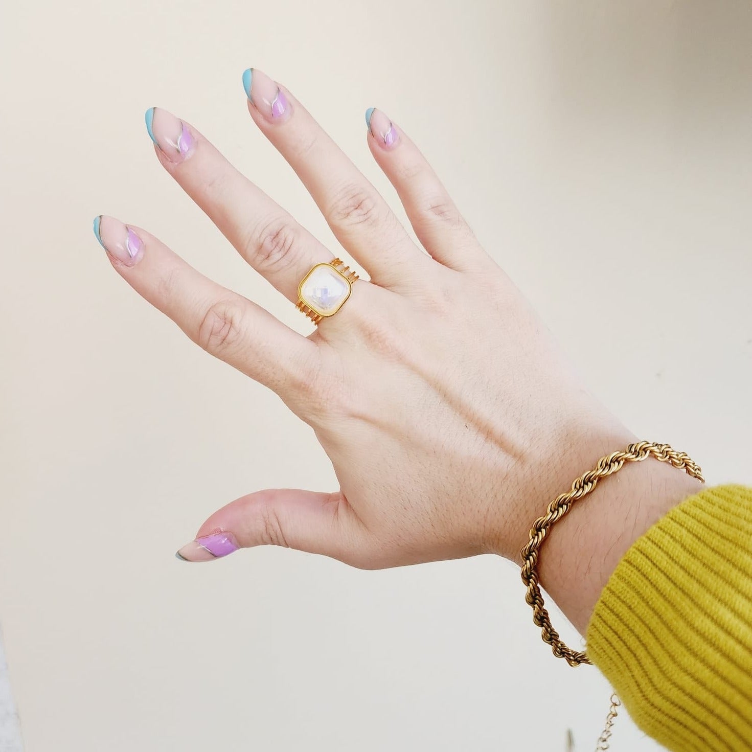 Holographic Square ring, Luxury Square cut amethyst stainless steel wide rings, Mother Pearl ring, Adjustable mother shell ring, Shell gold ring, Adjustable waterproof ring, Water Resistant Jewelry, Fashion Love Stainless Steel Geometric Love Pearl Open Ring, Luxury Square cut amethyst stainless steel wide rings