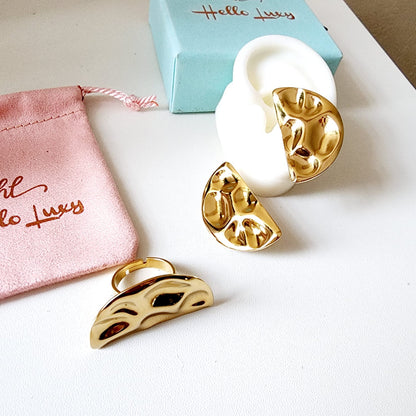 Geometric ring and earrings, bold moon ring and earrings, chunky ring and earrings, texture gold ring and earrings, Texture gold jewelry - Steel Stainless Steel bold golden ring and earring, gold Geometric abstract ring and earrings, Gold Geometric bold ring and earrings, water resistant jewelry, waterproof jewelry