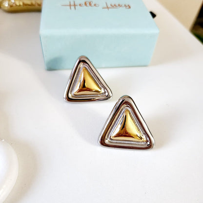 Two tone triangle Earrings, chunky two tone studs, Water Resistant Earrings, 18k Gold Plated, Vintage Earrings, Everyday two tone earrings, Two tone Water resistant gold hoops, Two tone hoops, small two tone delicate hoops, tarnish free gold open hoops, Lightweight Chunky Open Hoops, 14k lightweight chunky hoops,