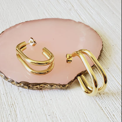 chunky earrings, thick gold hoop, gold hoop earrings, chunky gold hoop, hypoallergenic hoops, gold hoop earring, chunky hoops, small hoop earring, helloluxyjewelry, hoop earrings, croissant earrings, croissant hoops, gold filled hoops, twisted curved hoop, cuban rings, bold earrings, 18k gold earrings, water resistant earrings, gold hoops